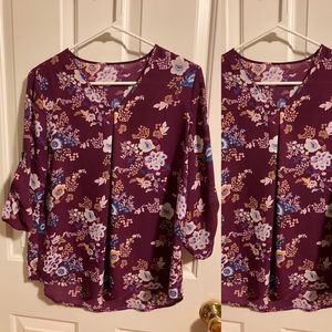Pretty floral 3/4 sleeve juniors top in sheer fabric (not see through) burgundy